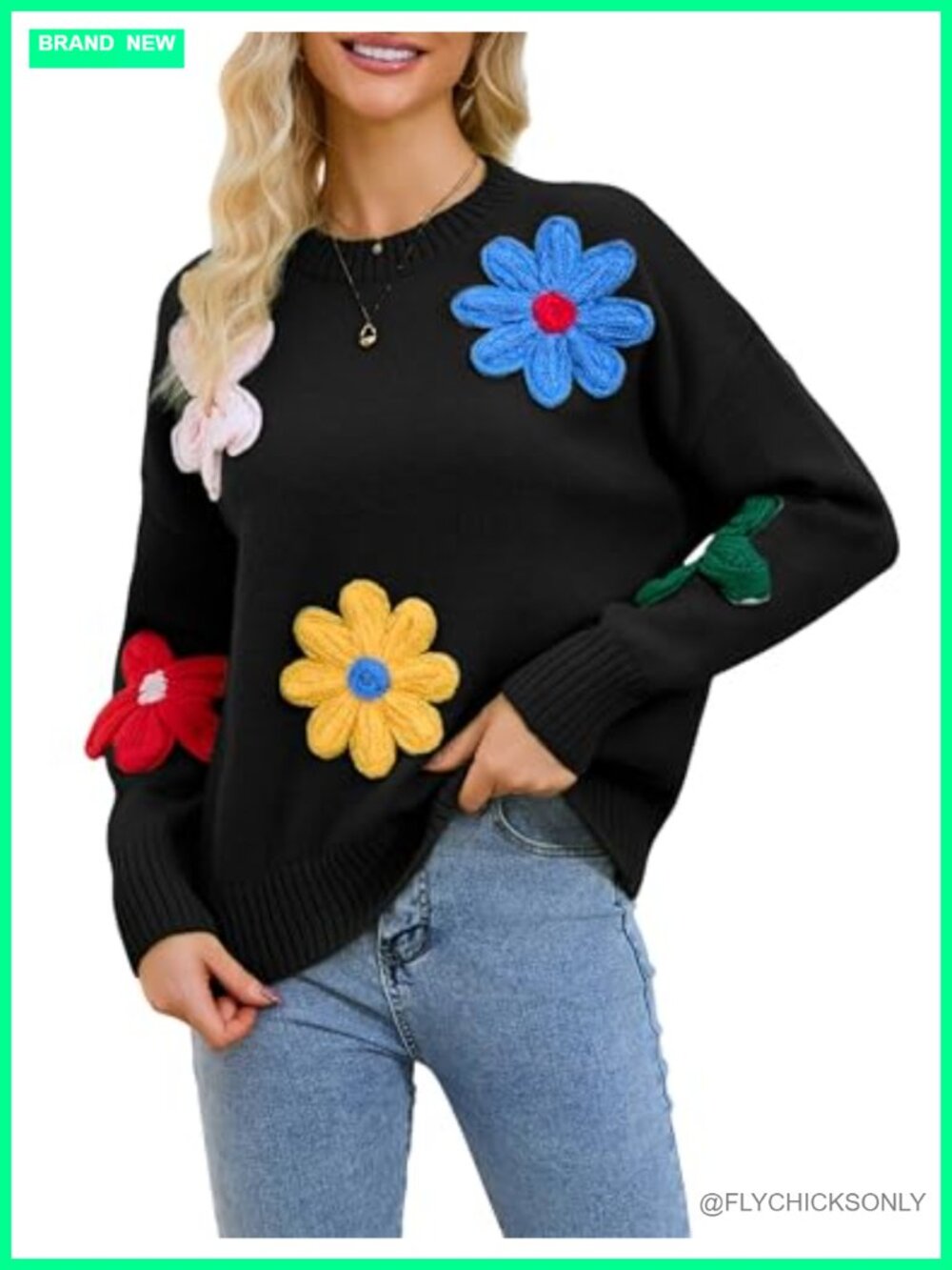 3D Floral Applique Knit Pullover Sweater Loose Fit Crew Neck